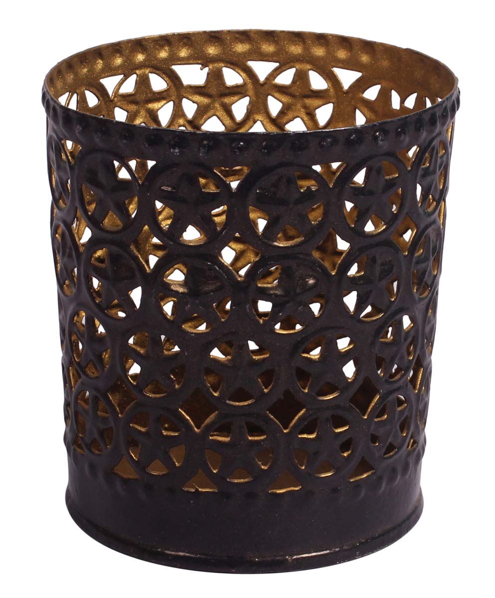 Round-Shaped Tea-Light Candle Holder - Handmade in Iron - Black Exteriors & Copper Finish Interiors - Star Shaped Motifs - Metal Votive Candle Stands - Table-Top Decorations - Buy in Bulk Wholesale